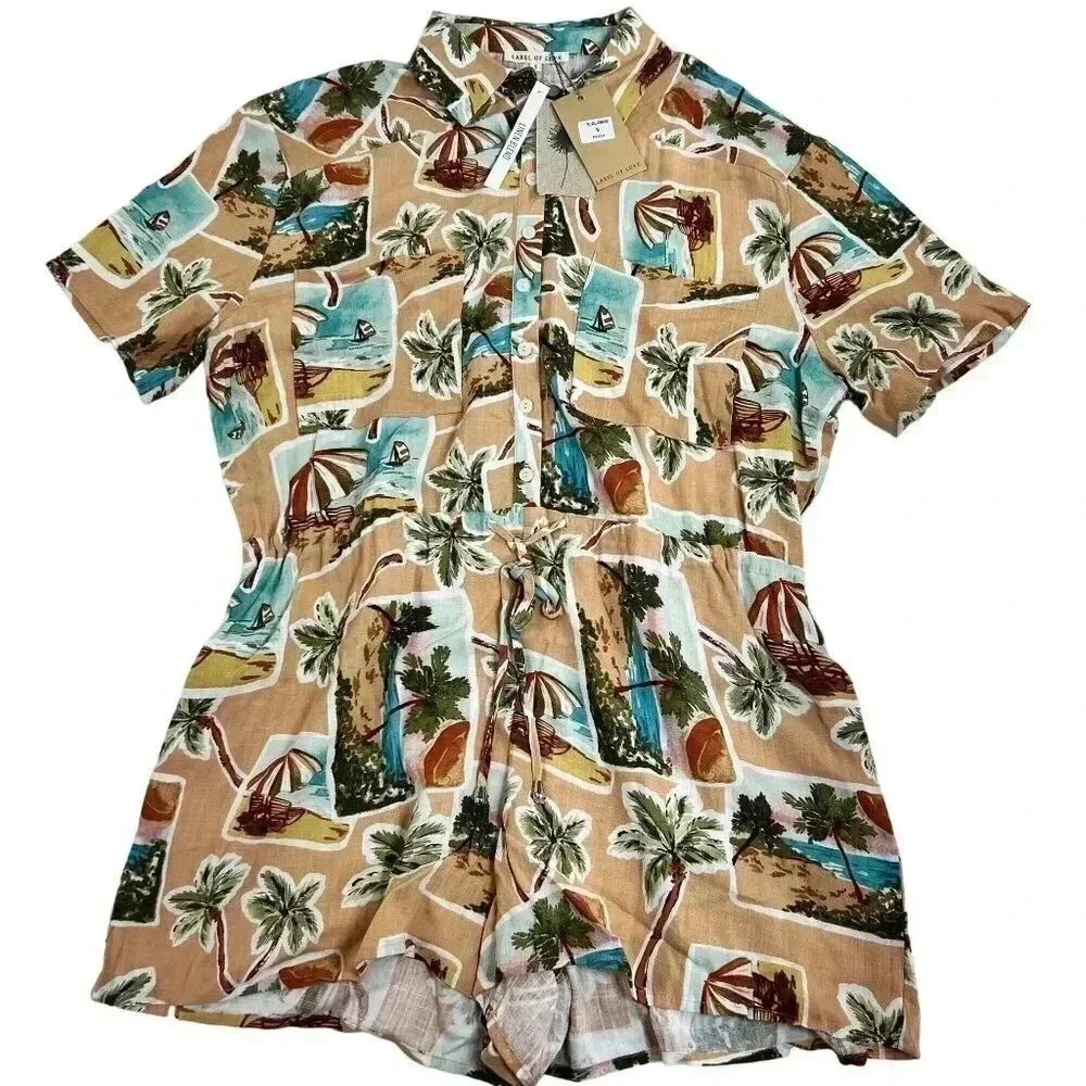 Label Of Love Womens sz M Romper Peach Tropical Print Jumpsuit Playset Vacation